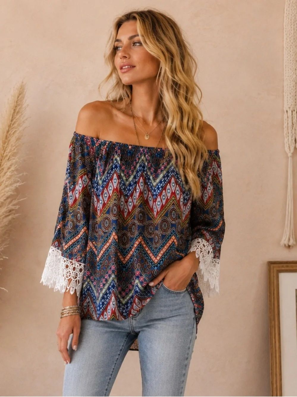 WinWin Navy Multi Off-Shoulder Boho Blouse with White Lace Trim